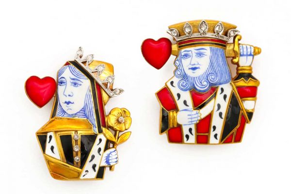 cartier vintage 18k and diamond king and queen of hearts pins