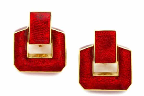 david webb 18k gold and red enamel doorknocker earrings