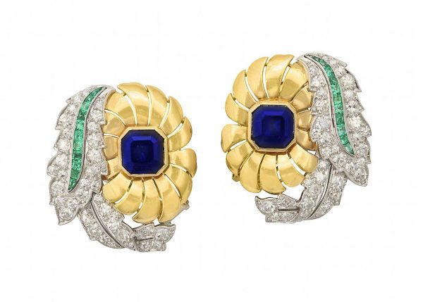 raymond yard sapphire, platinum, diamond, emerald and 18k earrings
