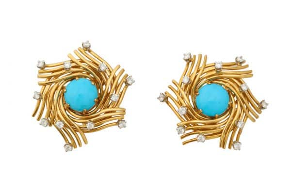 schlumberger turquoise, 18k, diamond bird’s nest earrings