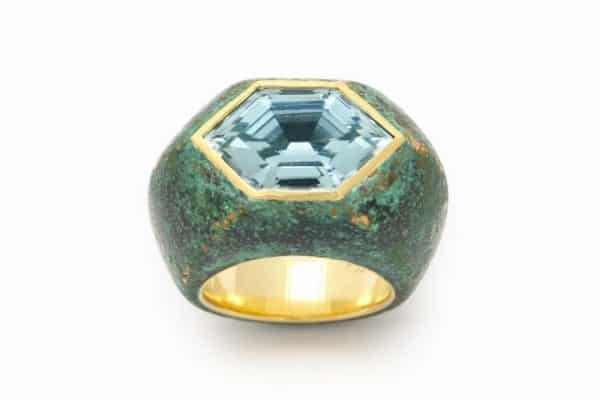 patinated bronze aquamarine and 18k ring