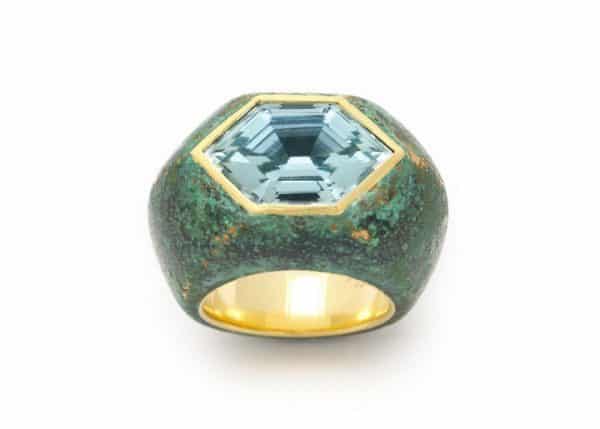 patinated bronze aquamarine and 18k ring