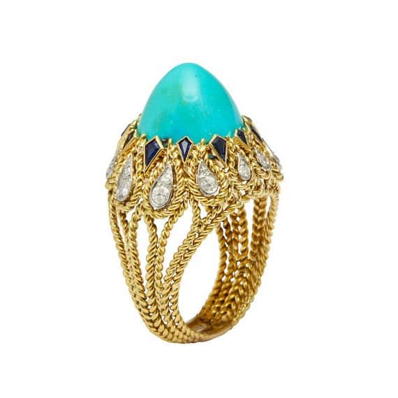 vintage sterle turquoise, diamond and sapphire cocktail ring
