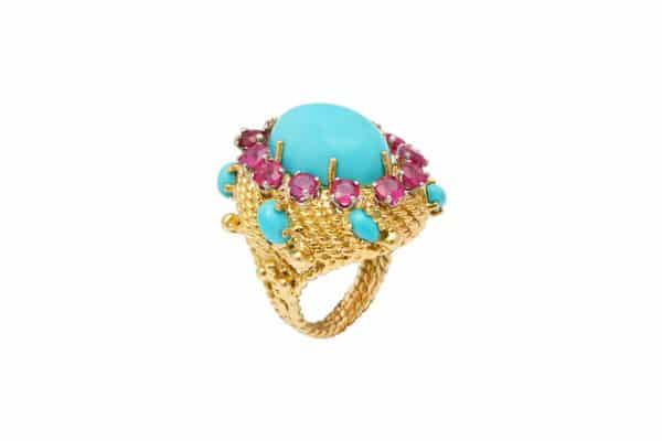 turquoise, ruby and 18k cocktail ring