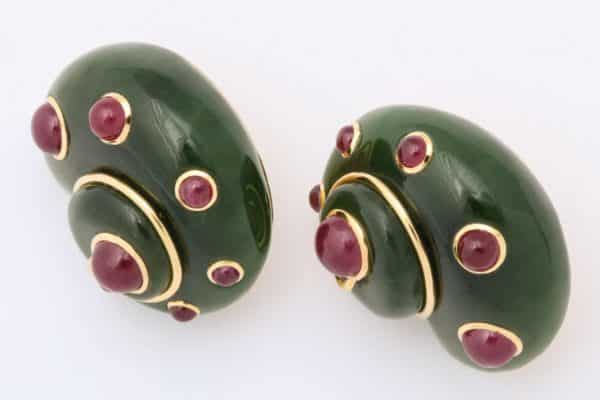 verdura nephrite, jade, ruby spiral “shell” earrings