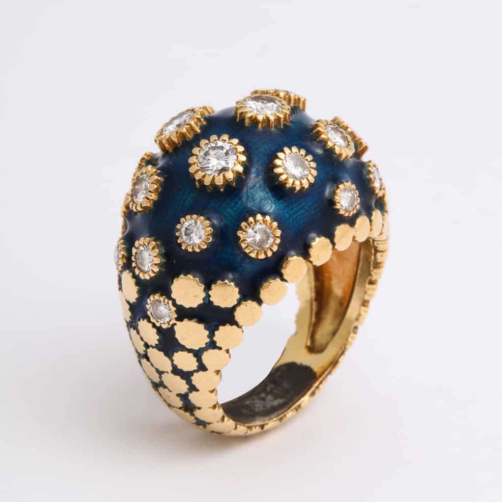 van cleef vintage bombe enamel ring with diamond florets | dkfarnum