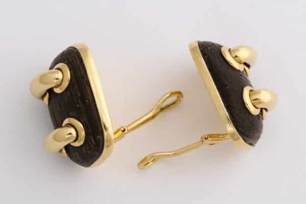 Seaman Schepps wood and gold “stitches” earrings
