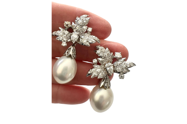 vintage schlumberger diamond and pearl earrings