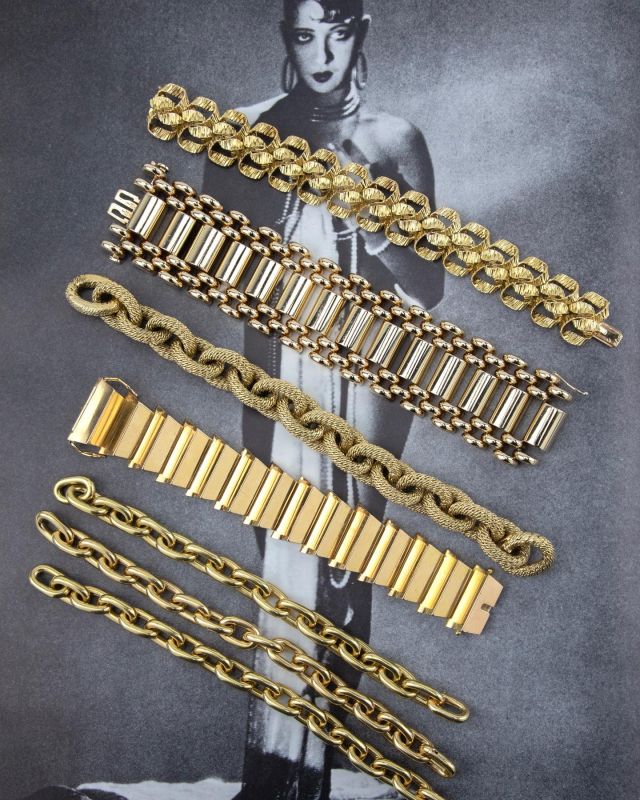 Five Easy Pieces. From our current delicious bracelet collection.Top to bottom:1)Lenfant for Hermes abstract ribbon bracelet in 18k gold. As seen in the Lenfant book. Distinctive and divine.2)Mossalone industrial design tank bracelet from the forties in 14k gold. Bold, chic.3)Tiffany sensuous link bracelet from the sixties in 18k gold.L’Enfant design that has a come hither appeal.4)Forties Escalier stepped design in 18k gold that is a stunning standout.5)Three of the most compelling link bracelets we’ve seen, matched and heavy(255 grams total) which offer a bevy of possibilities in gleaming 18k gold.For the woman who wants to elevate her bracelet game. In time for Mothers Day. Please ping us.#vintagetiffany#vintagehermes#vintagemosaslone#goldbracelets#chicbracelets#boldgold#available @dkfarnum.com